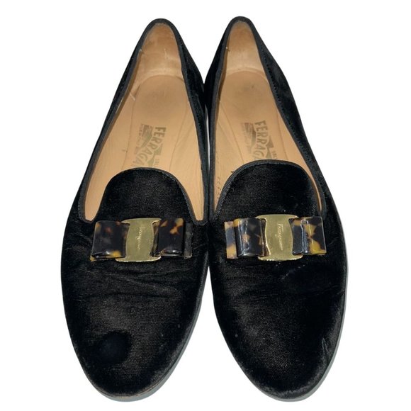 Salvatore Ferragamo Black Velvet Bow Detail Smoking Slippers - Picture 1 of 11